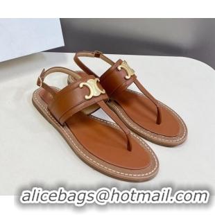 Unique Style Celine Lympia Triomphe Thong Flat Sandals in Calfskin Brown 531167