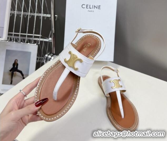 Best Grade Celine Lympia Triomphe Thong Flat Sandals in Calfskin White 531169