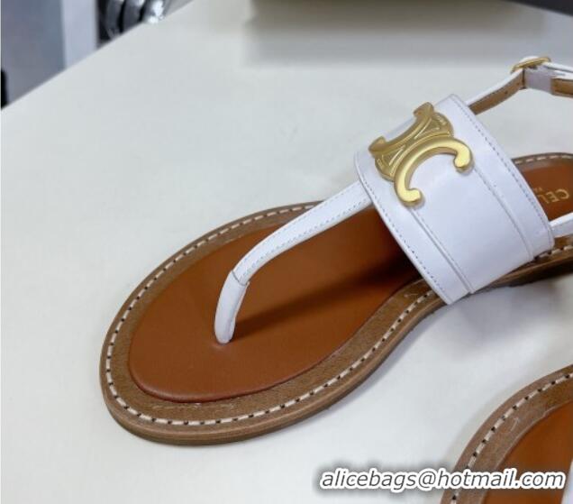 Best Grade Celine Lympia Triomphe Thong Flat Sandals in Calfskin White 531169