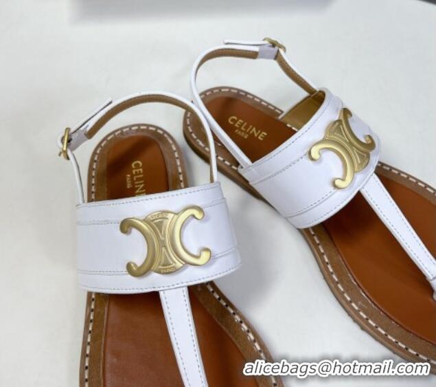 Best Grade Celine Lympia Triomphe Thong Flat Sandals in Calfskin White 531169