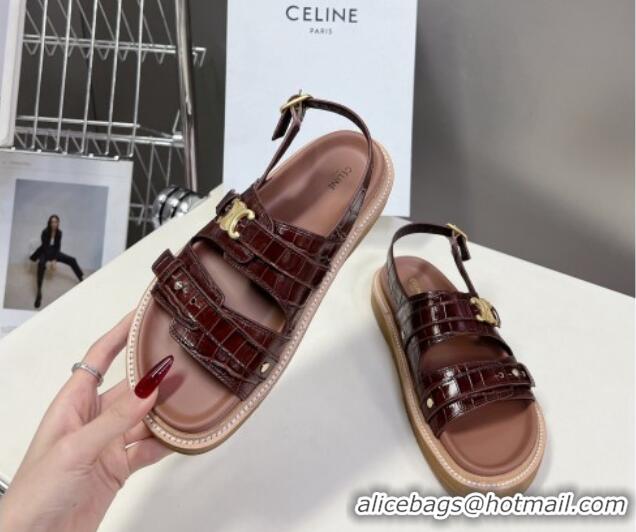 Low Price Celine Tippi Triomphe Sandals in Embossed Calfskin Brown 531171