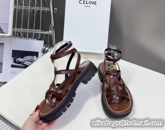 Popular Style Celine Calfskin Strap Sandals Dark Brown 531177