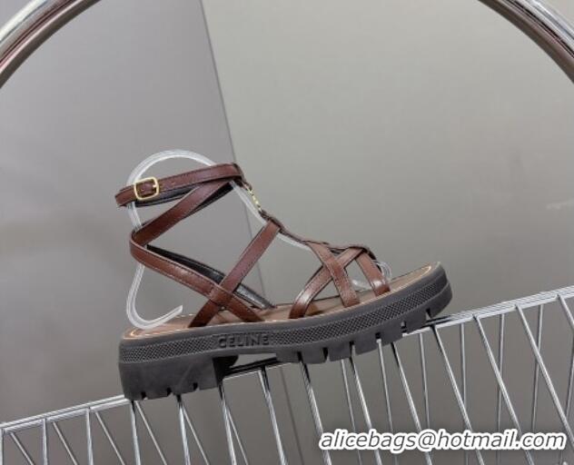 Popular Style Celine Calfskin Strap Sandals Dark Brown 531177