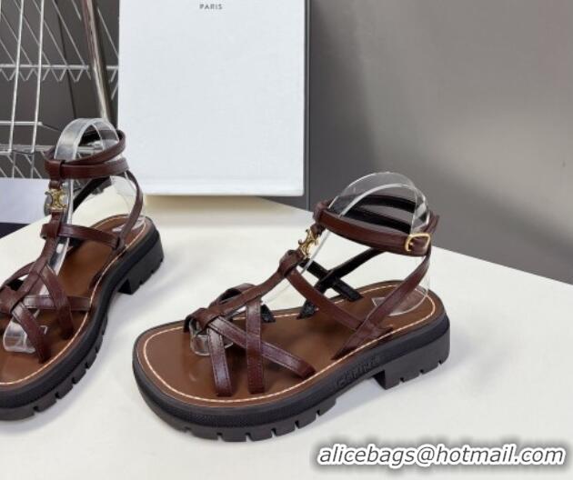 Popular Style Celine Calfskin Strap Sandals Dark Brown 531177