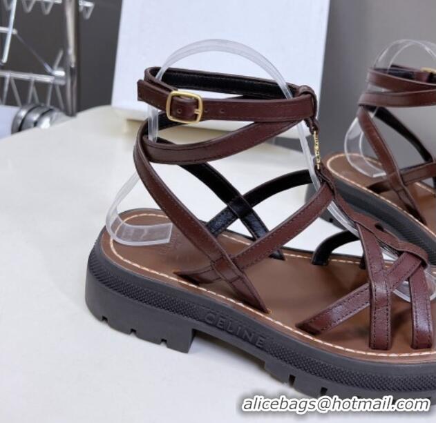 Popular Style Celine Calfskin Strap Sandals Dark Brown 531177