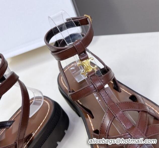 Popular Style Celine Calfskin Strap Sandals Dark Brown 531177