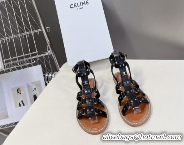 Cheap Price Celine Lympia Flat Sandals in Calfskin Black 629048