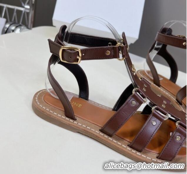 Perfect Celine Lympia Flat Sandals in Calfskin Dark Brown 629049