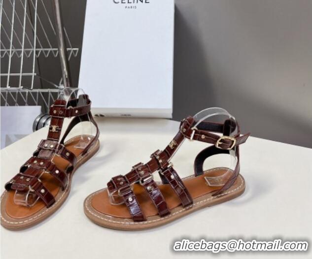 Cheap Price Celine Lympia Flat Sandals in Crocodile Embossed Leather Dark Brown 629050