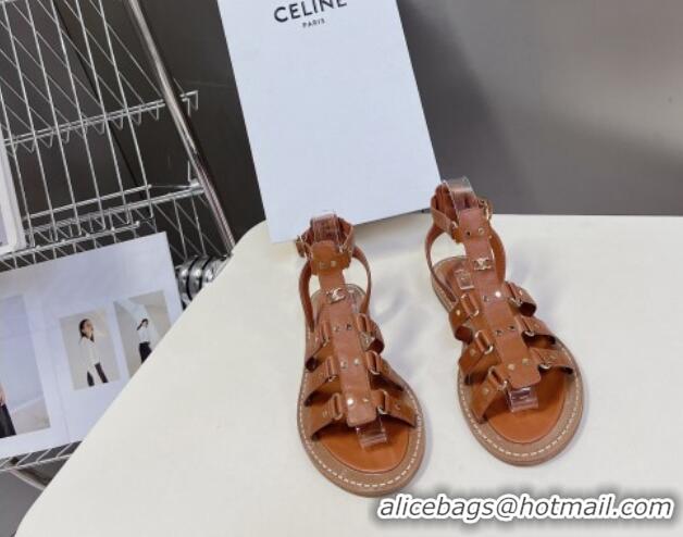 Leisure Celine Lympia Flat Sandals in Calfskin Tan Brown 629051