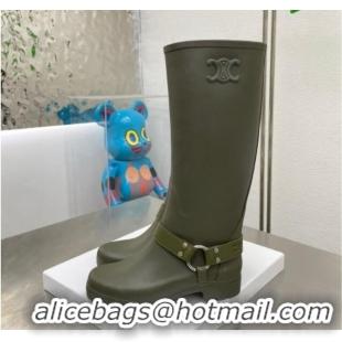 Grade Celine High Rain Boots in Rubber with Buckle Green 719076