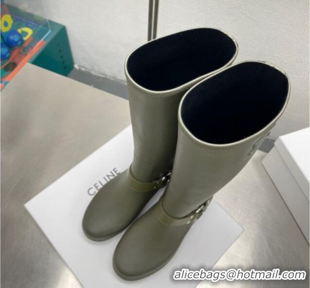 Grade Celine High Rain Boots in Rubber with Buckle Green 719076