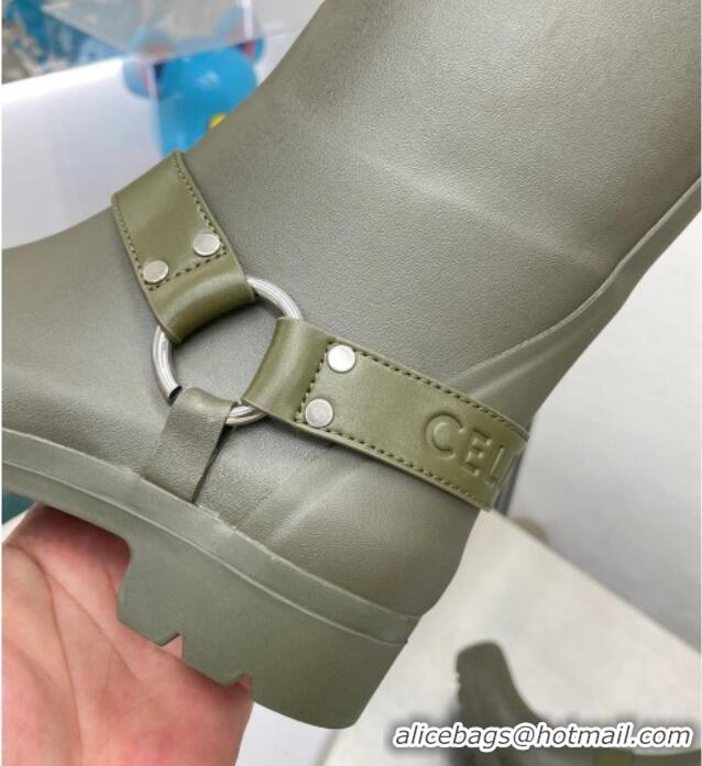 Grade Celine High Rain Boots in Rubber with Buckle Green 719076