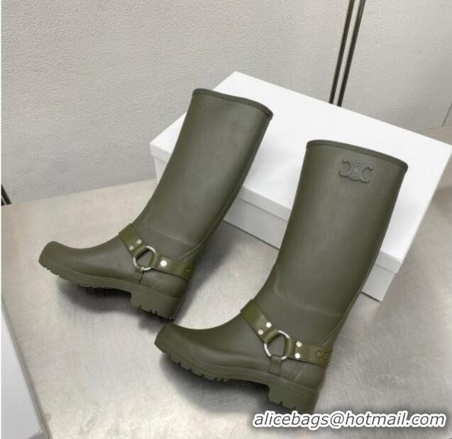 Grade Celine High Rain Boots in Rubber with Buckle Green 719076