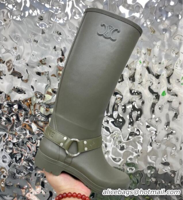 Grade Celine High Rain Boots in Rubber with Buckle Green 719076