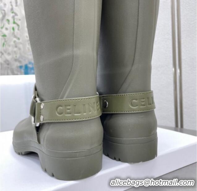 Grade Celine High Rain Boots in Rubber with Buckle Green 719076