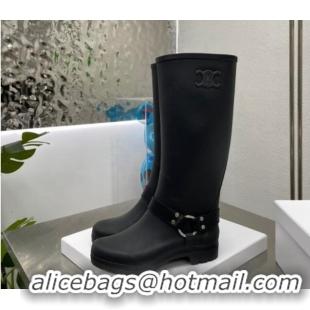 Good Looking Celine High Rain Boots in Rubber with Buckle Black 719077