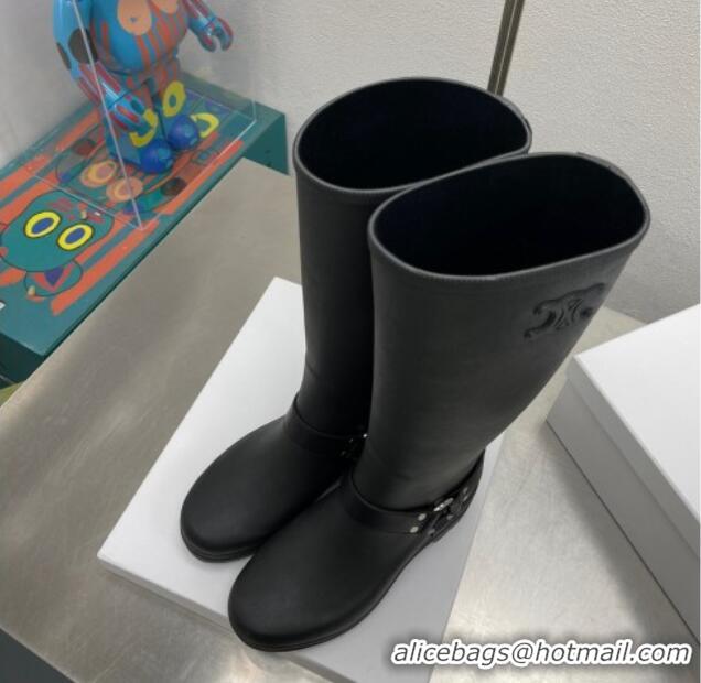 Good Looking Celine High Rain Boots in Rubber with Buckle Black 719077