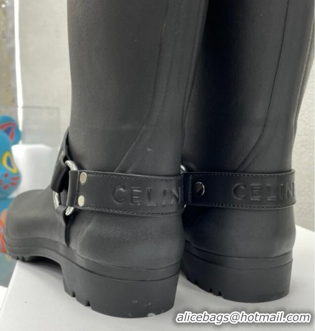 Good Looking Celine High Rain Boots in Rubber with Buckle Black 719077