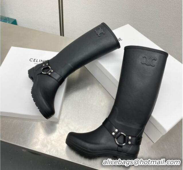 Good Looking Celine High Rain Boots in Rubber with Buckle Black 719077