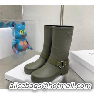 Unique Style Celine Ankle Rain Boots in Rubber with Buckle Green 719078