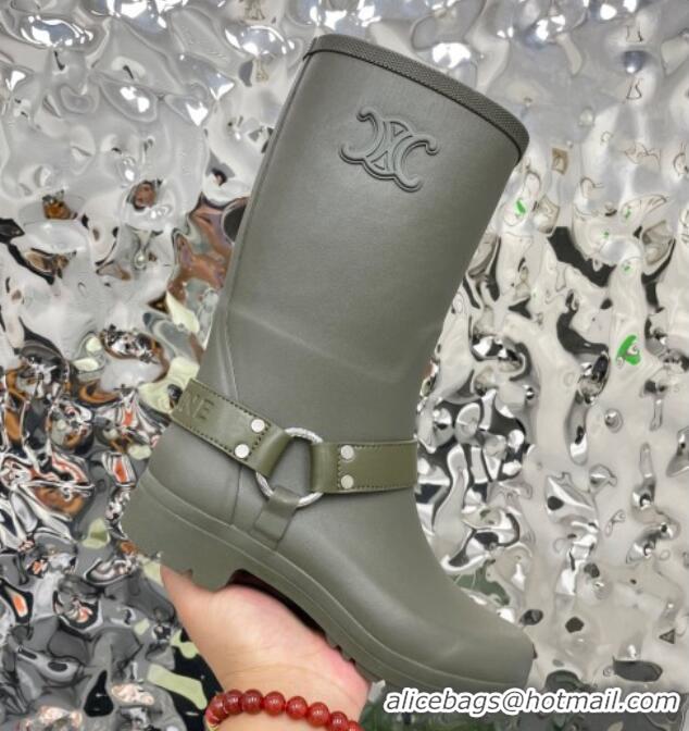 Unique Style Celine Ankle Rain Boots in Rubber with Buckle Green 719078