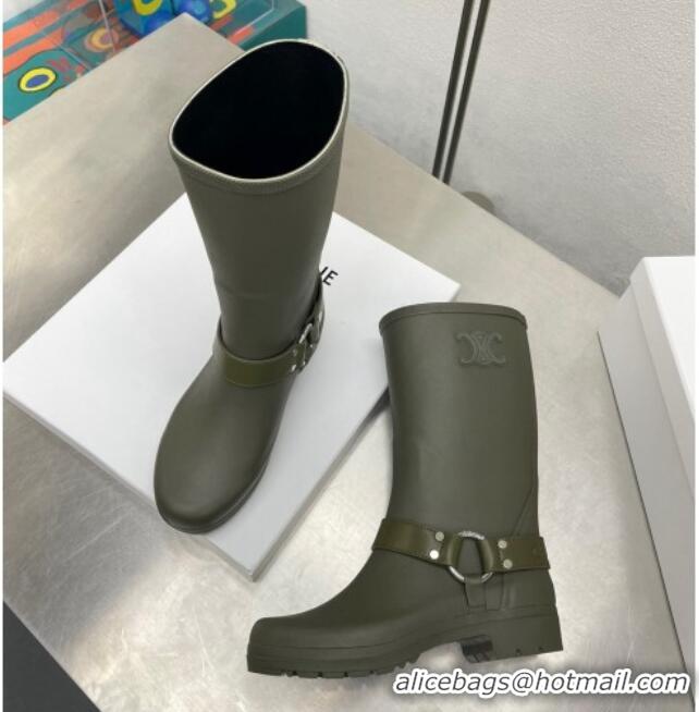 Unique Style Celine Ankle Rain Boots in Rubber with Buckle Green 719078