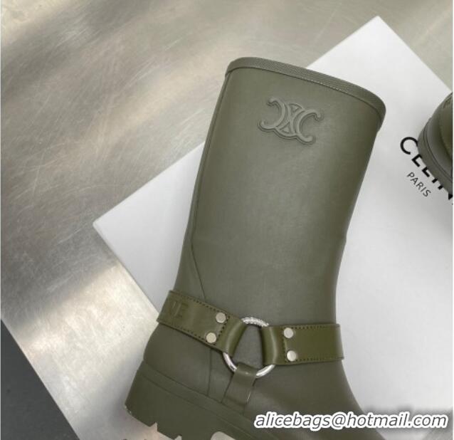 Unique Style Celine Ankle Rain Boots in Rubber with Buckle Green 719078