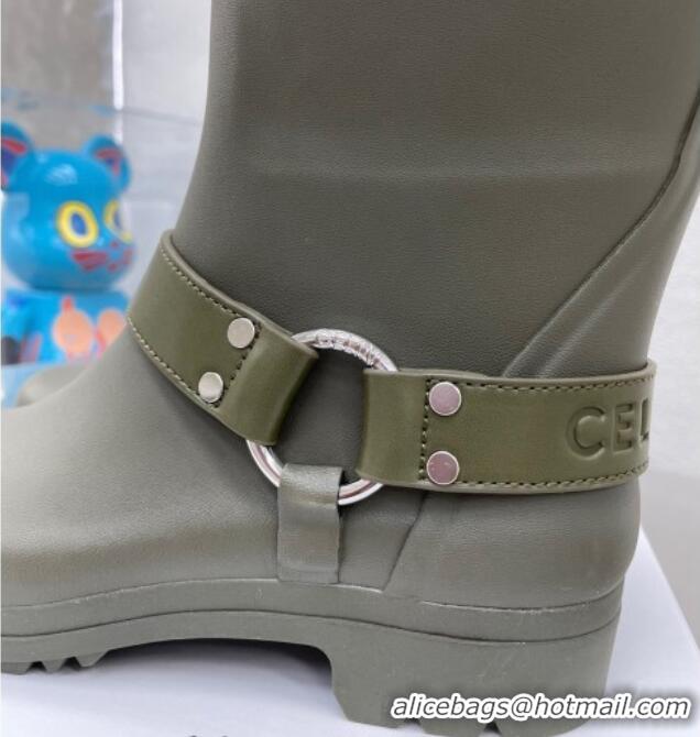 Unique Style Celine Ankle Rain Boots in Rubber with Buckle Green 719078