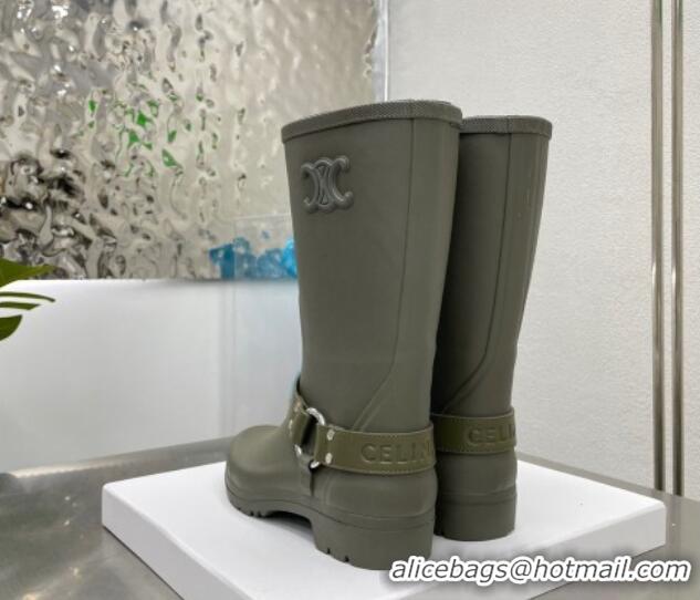 Unique Style Celine Ankle Rain Boots in Rubber with Buckle Green 719078