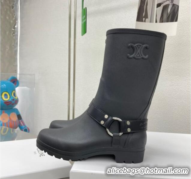 Good Quality Celine Ankle Rain Boots in Rubber with Buckle Black 719079