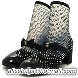 Top Grade Chanel Suede Patent Diamante Fishnet Bow-Embellished Mary Jane Ankle Boots G8410 Black/Silver