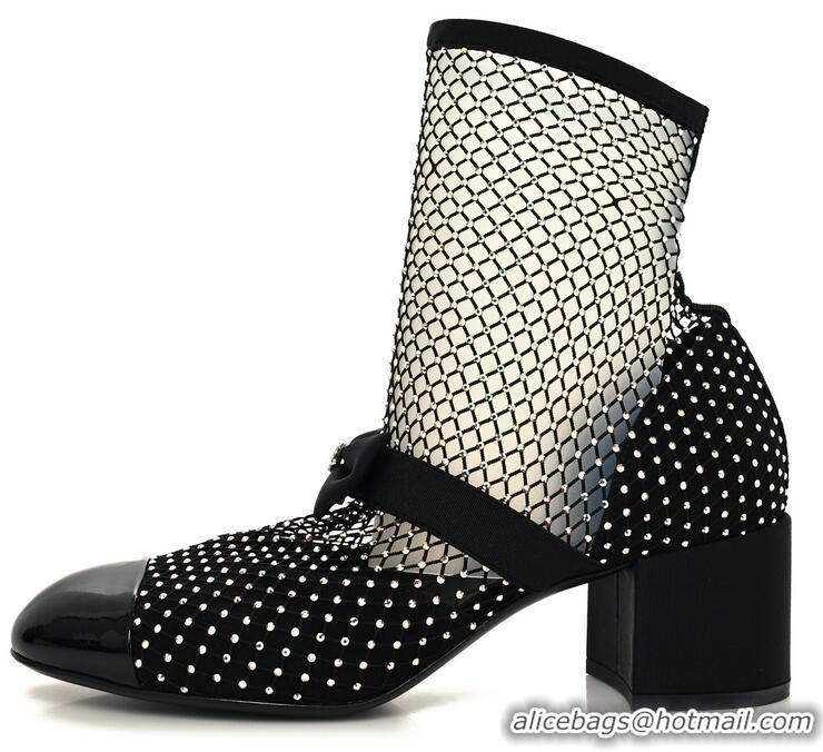 Top Grade Chanel Suede Patent Diamante Fishnet Bow-Embellished Mary Jane Ankle Boots G8410 Black/Silver