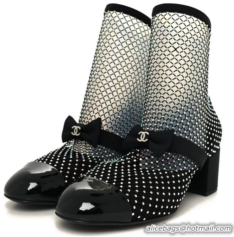 Top Grade Chanel Suede Patent Diamante Fishnet Bow-Embellished Mary Jane Ankle Boots G8410 Black/Silver