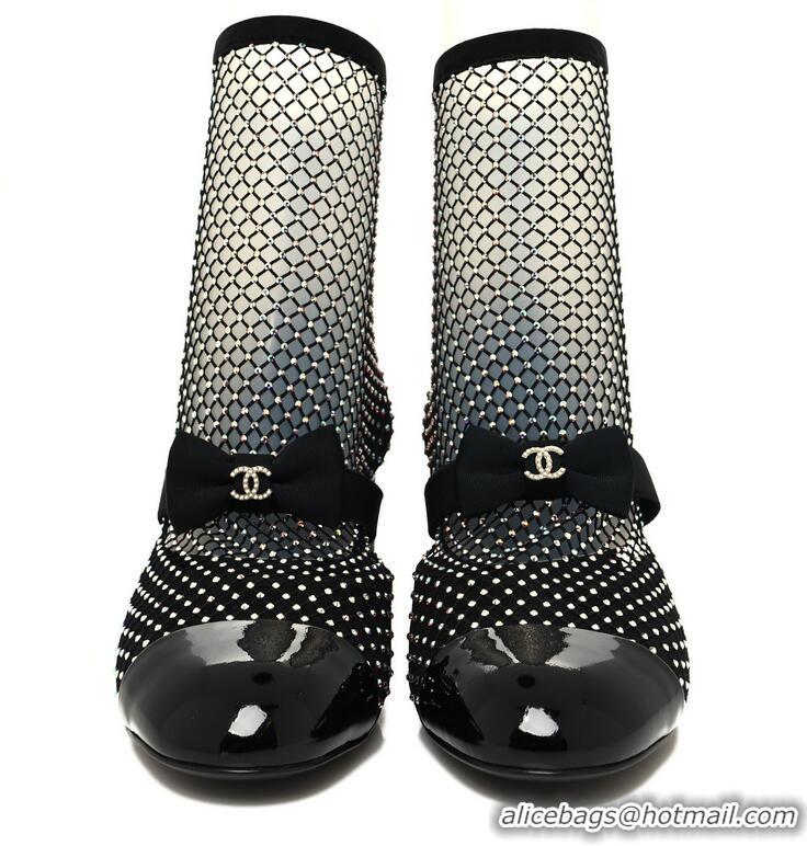 Top Grade Chanel Suede Patent Diamante Fishnet Bow-Embellished Mary Jane Ankle Boots G8410 Black/Silver