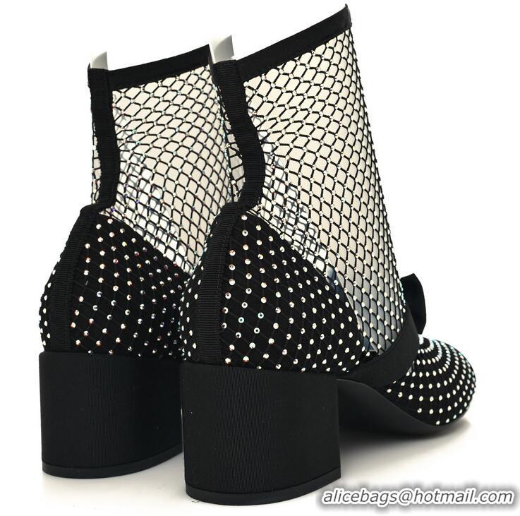 Top Grade Chanel Suede Patent Diamante Fishnet Bow-Embellished Mary Jane Ankle Boots G8410 Black/Silver