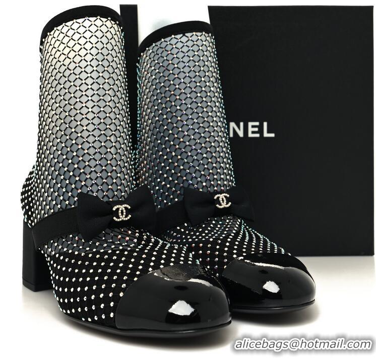 Top Grade Chanel Suede Patent Diamante Fishnet Bow-Embellished Mary Jane Ankle Boots G8410 Black/Silver