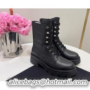 Perfect Celine Triomphe Rangers Mid Lace-up Boots in Calfskin Black 719088