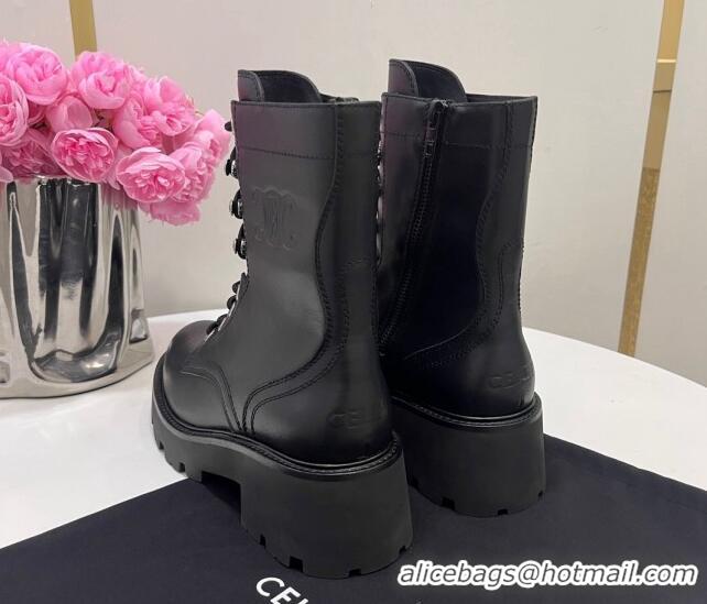 Perfect Celine Triomphe Rangers Mid Lace-up Boots in Calfskin Black 719088