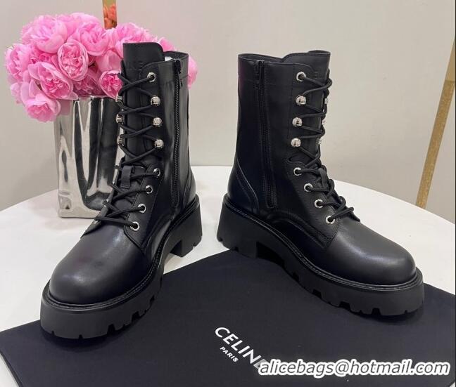 Perfect Celine Triomphe Rangers Mid Lace-up Boots in Calfskin Black 719088