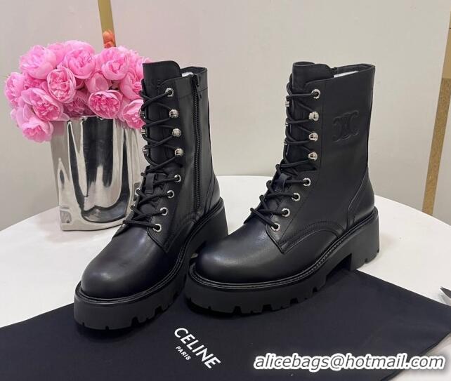 Perfect Celine Triomphe Rangers Mid Lace-up Boots in Calfskin Black 719088