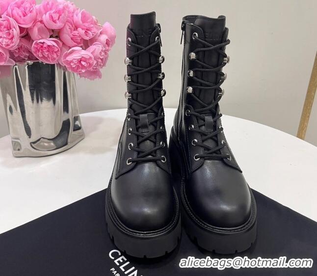 Perfect Celine Triomphe Rangers Mid Lace-up Boots in Calfskin Black 719088