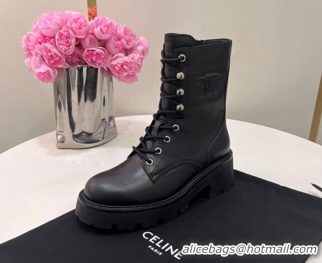 Perfect Celine Triomphe Rangers Mid Lace-up Boots in Calfskin Black 719088