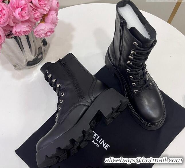 Perfect Celine Triomphe Rangers Mid Lace-up Boots in Calfskin Black 719088