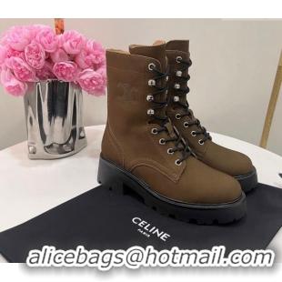 Sophisticated Celine Triomphe Rangers Mid Lace-up Boots in Suede Khaki 19089