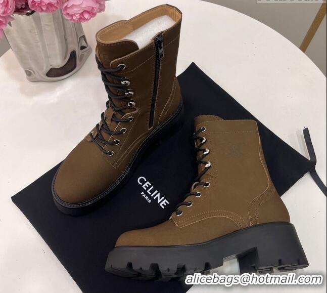 Sophisticated Celine Triomphe Rangers Mid Lace-up Boots in Suede Khaki 19089