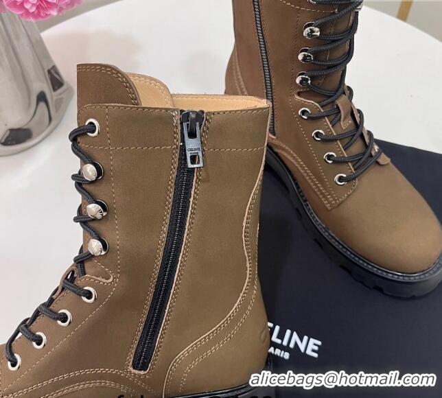 Sophisticated Celine Triomphe Rangers Mid Lace-up Boots in Suede Khaki 19089