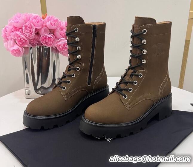 Sophisticated Celine Triomphe Rangers Mid Lace-up Boots in Suede Khaki 19089