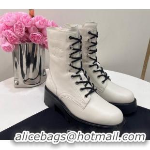 Stylish Celine Triomphe Rangers Mid Lace-up Boots in Calfskin White 719090