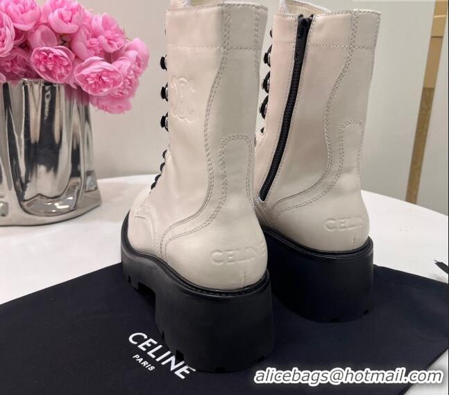 Stylish Celine Triomphe Rangers Mid Lace-up Boots in Calfskin White 719090